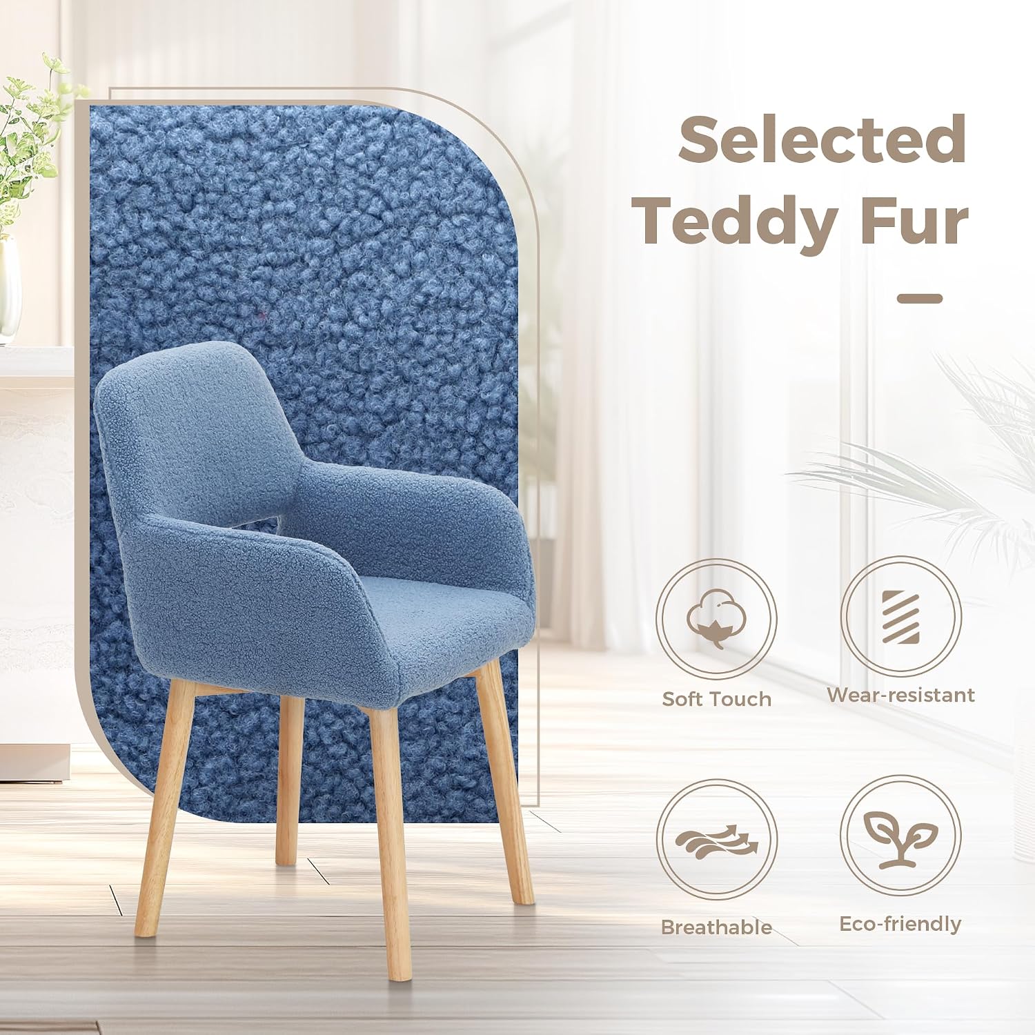 MAISON ARTS Mid Century Modern Dining Chairs with Arms Set of 2, Comfy Accent Chair with Solid Wood Legs Upholstered Kitchen Dining Room Chairs Lounge Chairs for Living Room Bedroom, Blue, 2pcs