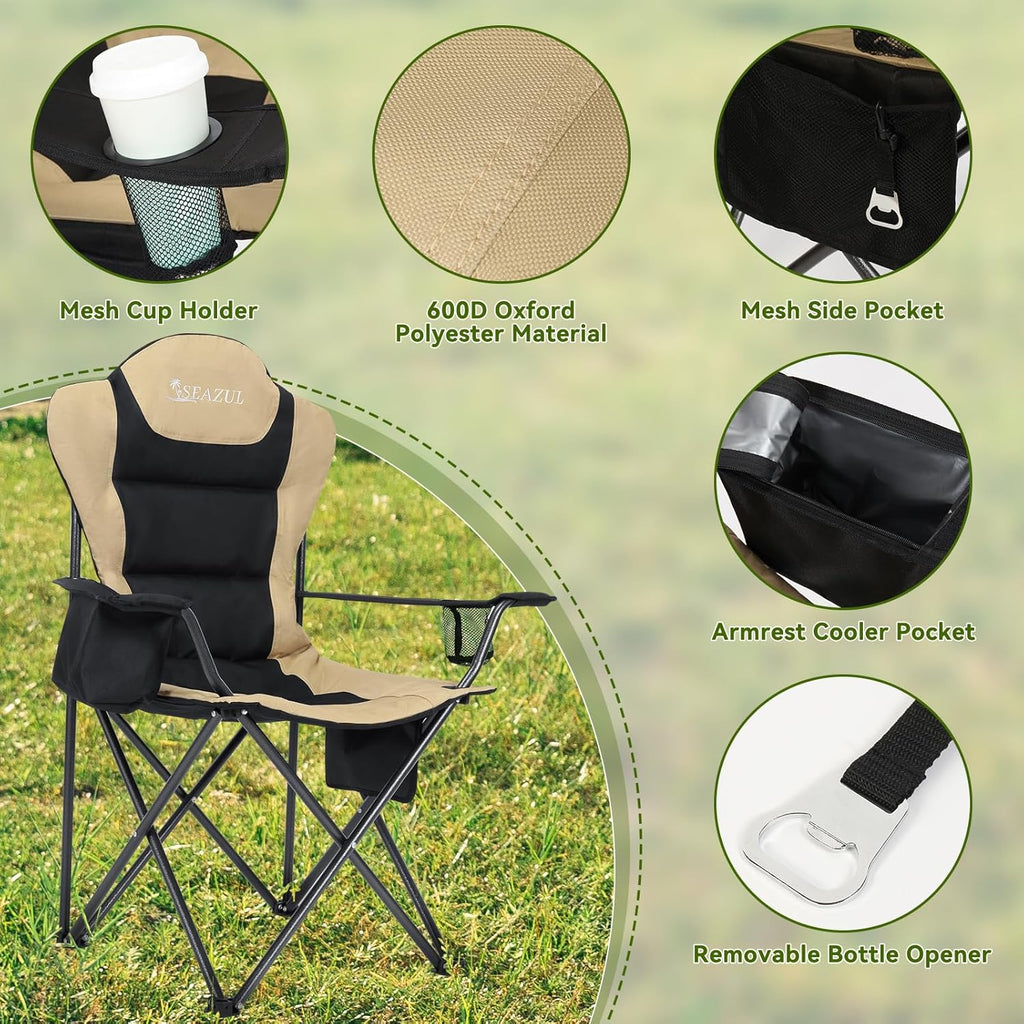 Camping Chairs for Adults, Heavy Duty Camping Chairs 2 Pack, Folding Chairs for Outside, Support 380 LBS, Portable Travel Outdoor Camp Chair with Cup Holder & Cooler Bag, Sports Chairs, Khaki