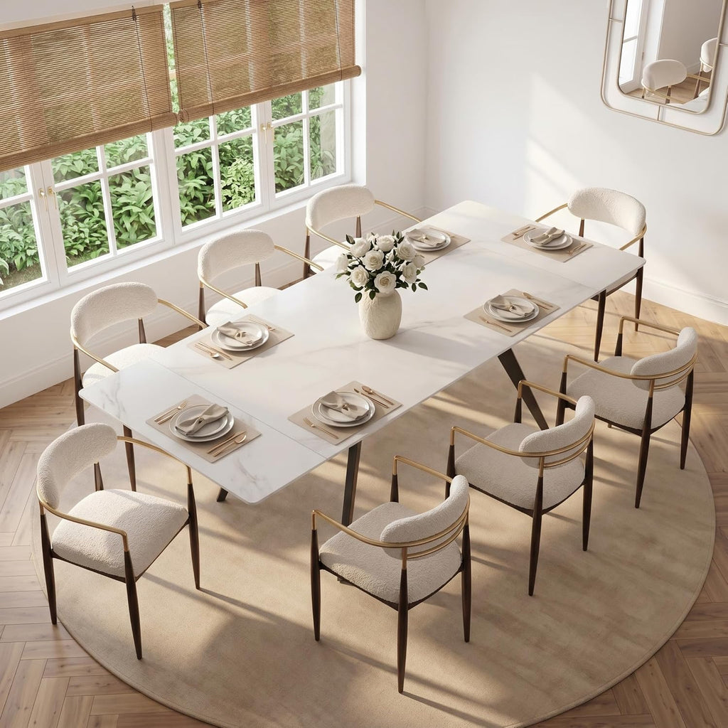 Extendable Dining Table with Leaf, 78"-110" Rectangular Sintered Stone, Marble-Look Top, Seats 6-14, Metal Base, Easy-Clean, Heat & Scratch Resistant, Dining Room/Kitchen Table for Family Gatherings