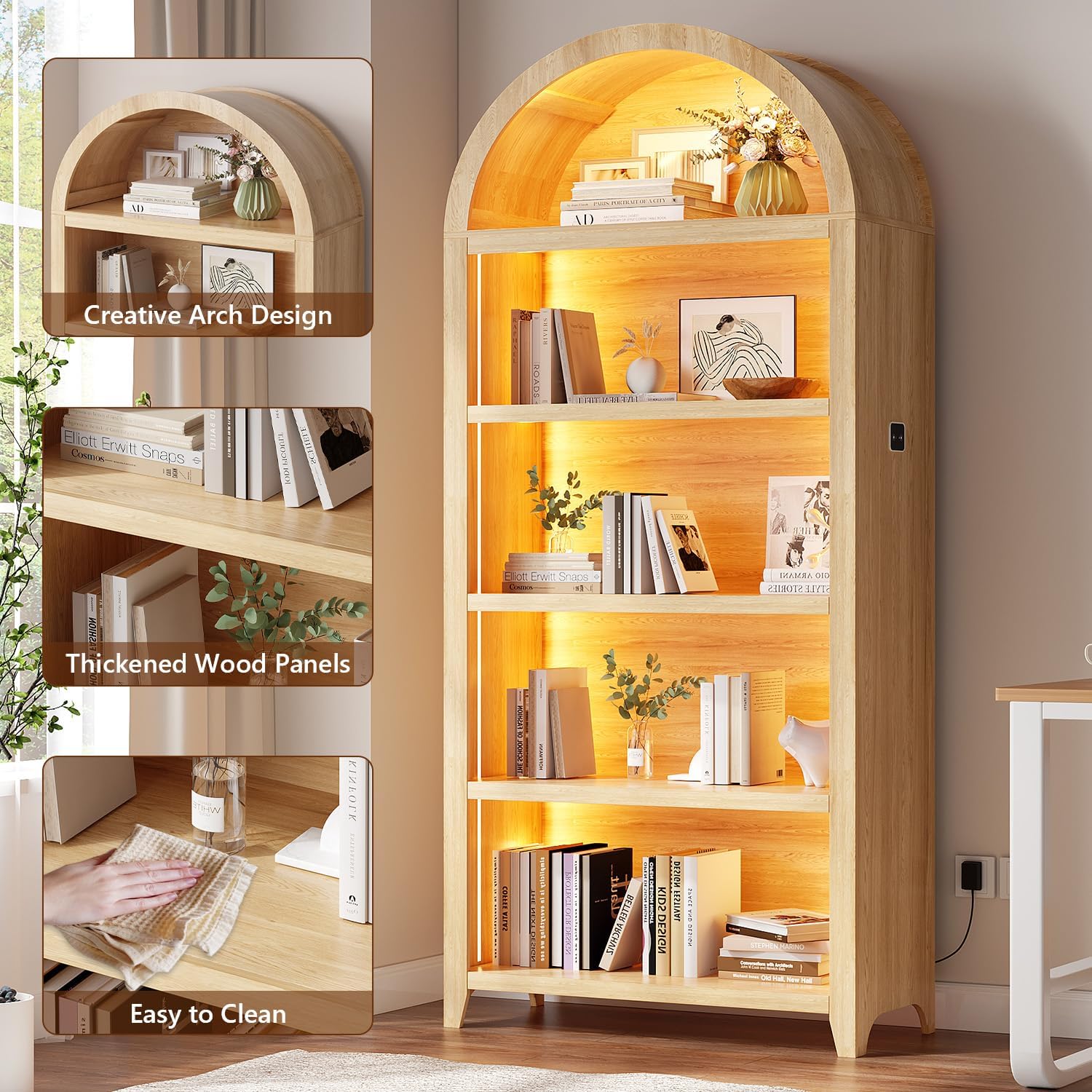 Arched Bookshelf with 5 Tiers and 3-Color LED Sensor Lights - Wood