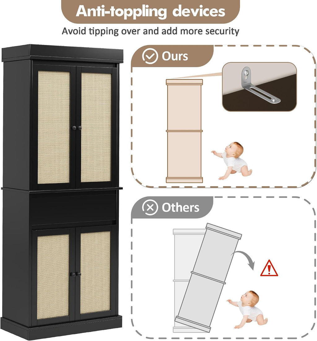 69'' Tall Pantry Cabinet - 4 Rattan Doors, Drawer, and 2 Adjustable Shelves - Freestanding Storage Cupboard for Entryway, Kitchen, Dining Room, Bathroom, or Office,Black
