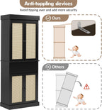 CABIHOME 69" Kitchen Pantry Storage Cabinet, Rattan Kitchen Pantry Cabinet with Drawer, 4 Doors ＆ Adjustable Shelves, Modern Freestanding Cupboard for Bathroom, Laundry, Dining Room, Black