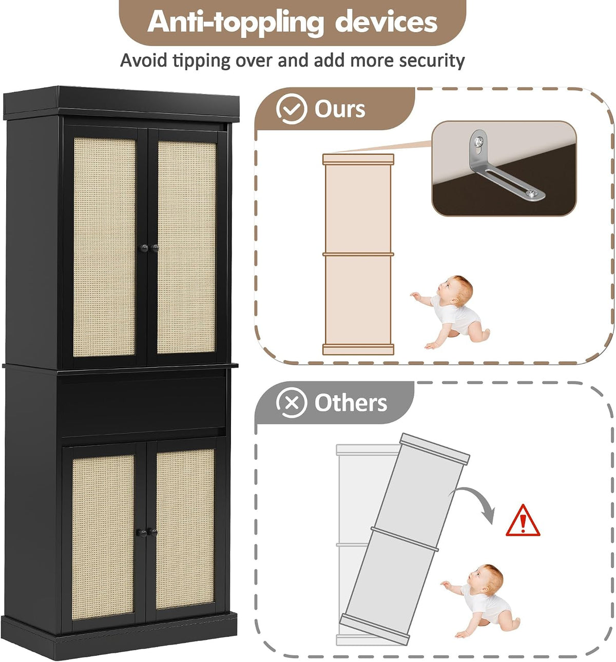 CABIHOME 69" Kitchen Pantry Storage Cabinet, Rattan Kitchen Pantry Cabinet with Drawer, 4 Doors ＆ Adjustable Shelves, Modern Freestanding Cupboard for Bathroom, Laundry, Dining Room, Black