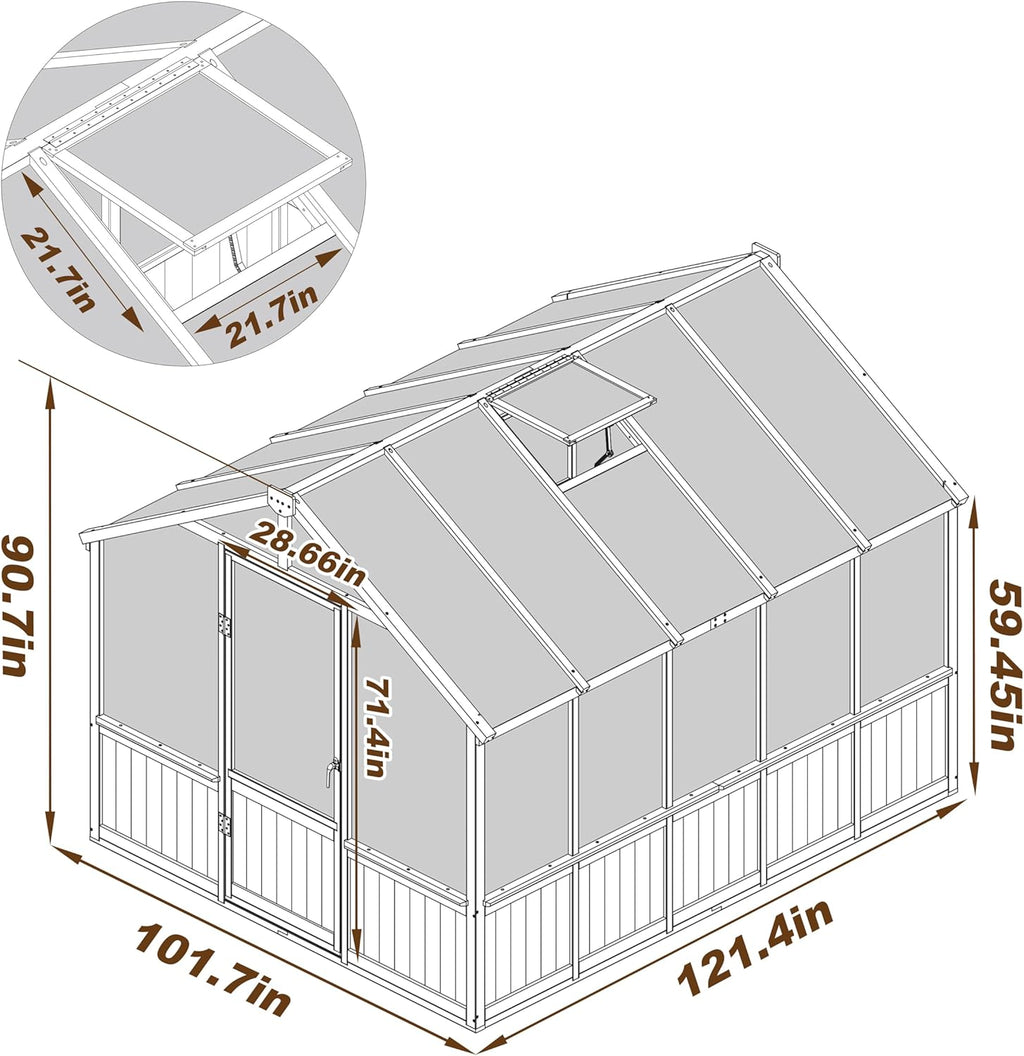 8x10 FT Greenhouse Kit with 6MM Thick Polycarbonate Panel for Outdoor, Wooden Walk-in Green House with Adjustable Roof Vent and Lockable Door, Backyard, Garden, Light Mocha Brown