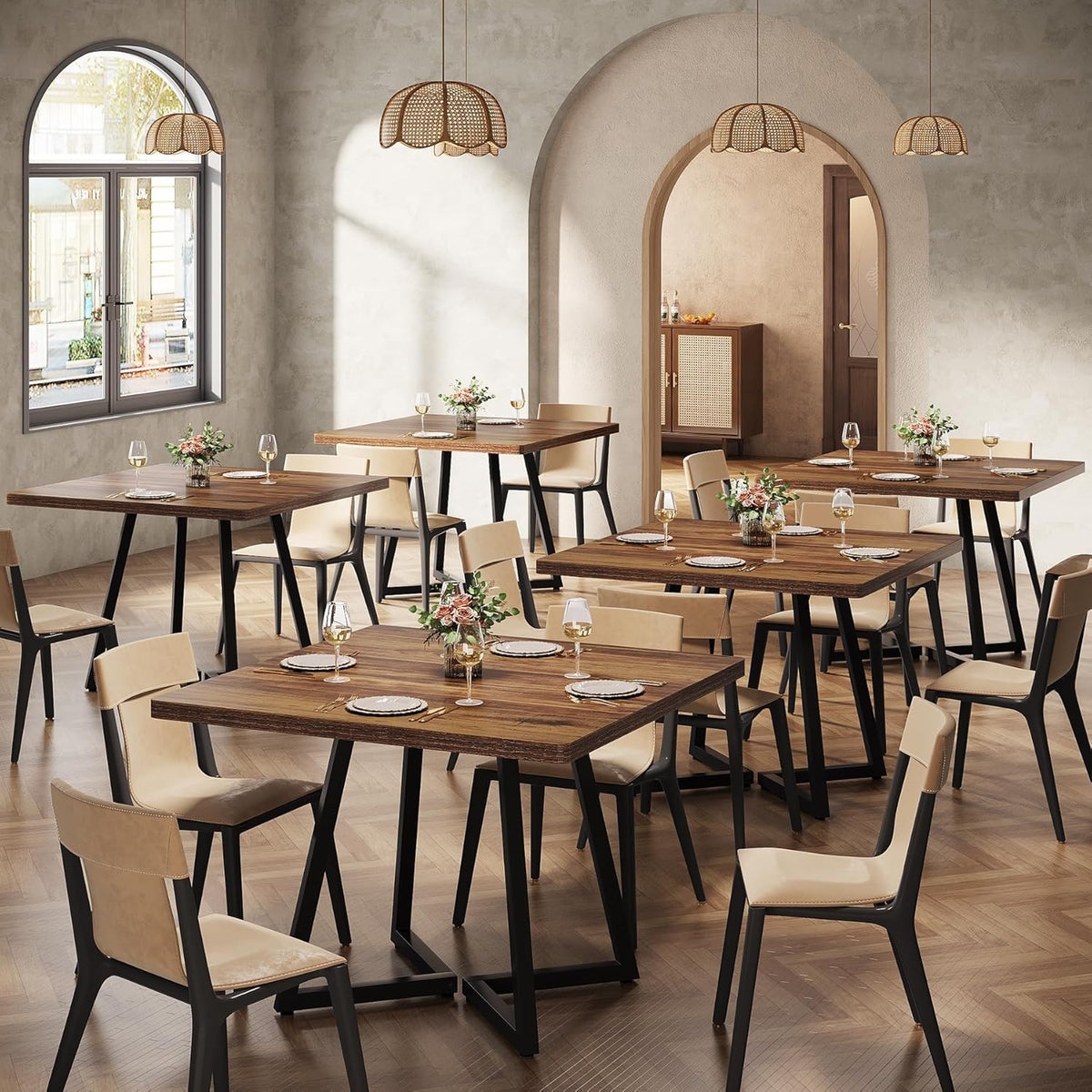 Tribesigns Square Commercial Dining Table Set of 6, 31.5" Heavy Duty Dinner Table with Metal Base, Wooden Kitchen Table for Restaurant, Cafe, Bakery, School, Apartment (Chairs are not Included)