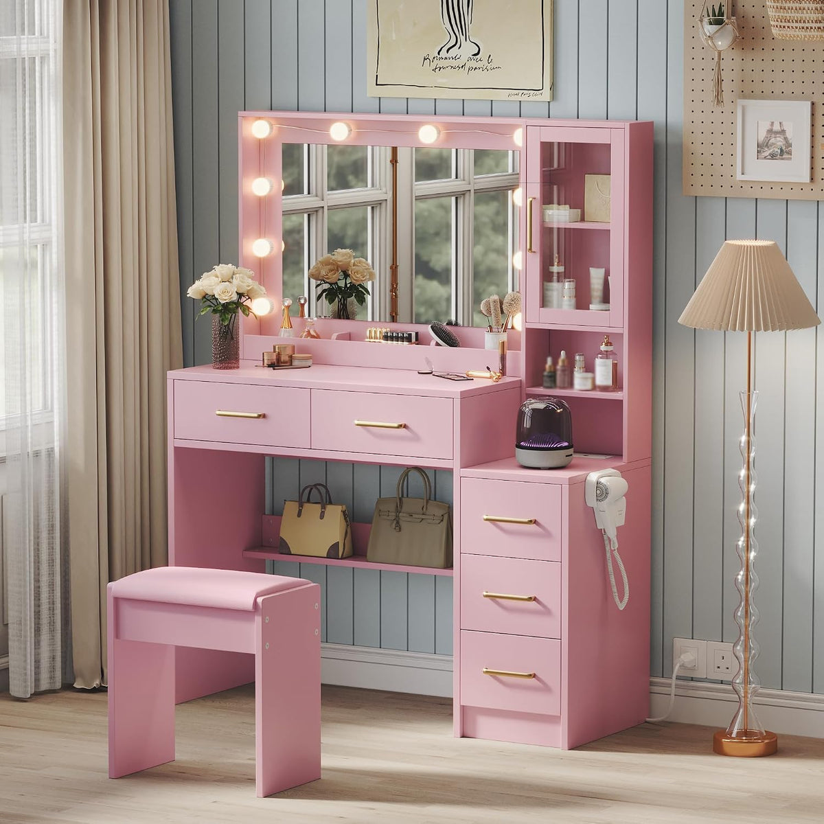Makeup Vanity with Lights & Charging Station, Pink Vanity Table with 5 Drawers & Open Storage Shelves, Vanity Desk with Mirror & Lights, Dressing Table Set, Bedroom Makeup Table Set Gold Handle