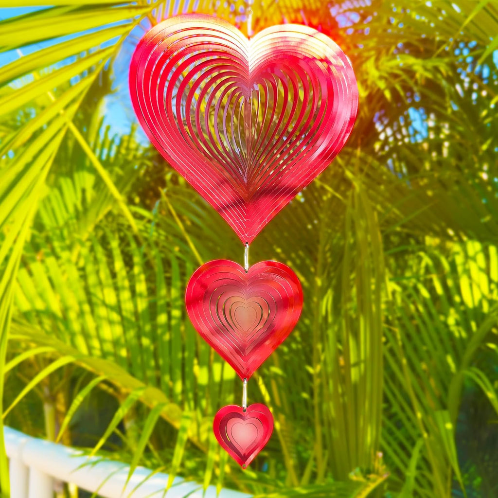 Wind Spinners Outdoor, 3D Red Hearts Hanging Wind Spinners, 14 inches, Kinetic, Stainless-Steel Metal, Smooth Spinning, Indoor and Outdoor Decoration for Garden, Patio, Yard, Gift for Women Mom Wife