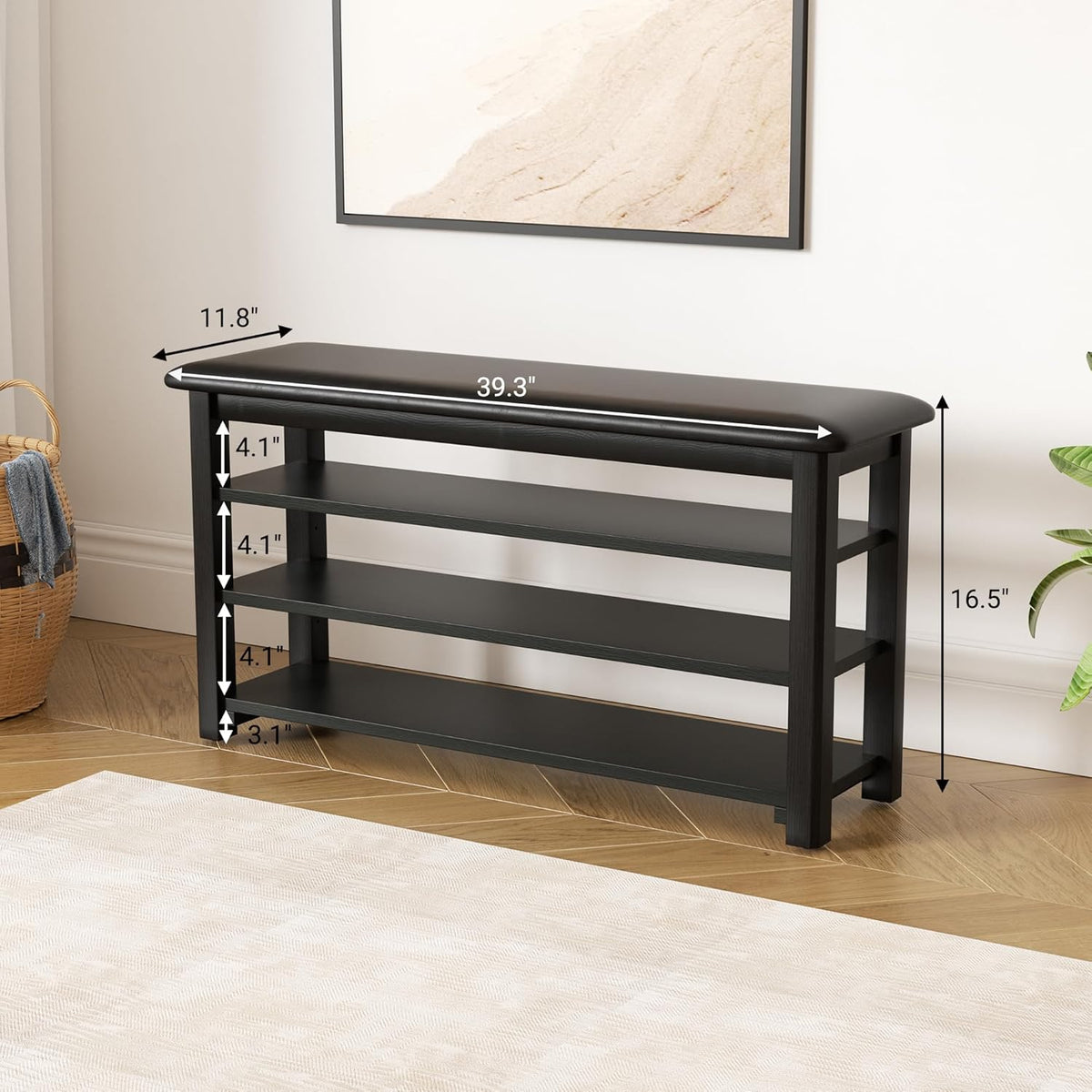 Shoe Rack Bench with Leather Cushion 3-Tier Shoe Rack Organizer for Entryway Hallway or Living Room Farmhouse Rustic Wooden Seat Bench Black 11.8" Dx31.5 Wx20.4 H