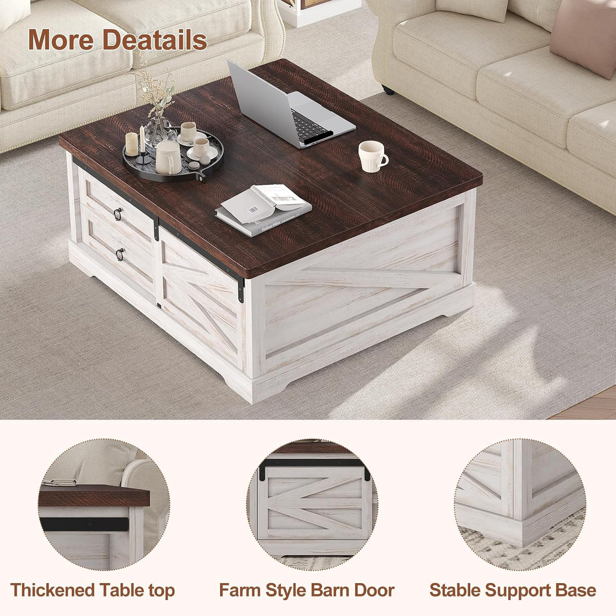Itaar 39.4'' Lift Top Coffee Table with Storage, Farmhouse Coffee Tables for Living Room, Square Coffee Table with Large Hidden Compartment & 2 Drawers & Adjustable Shelves, Vintage White+Walnut