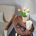 Side Table Small End Table, Oval Round Wood Sofa Table, 2 Tier Accent Table Nightstand Bedside Table with Metal Frame for Living Room, Bedroom, Small Spaces (Rustic Brown)