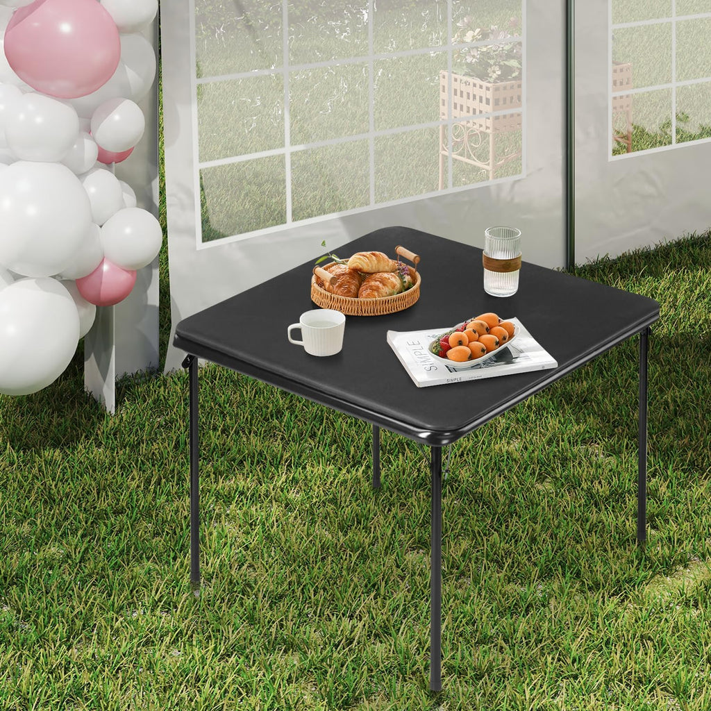 FurnitureR Square Folding Card Table 34 Inch, No Assembly Portable Table for Game Nights, Small Space Dining & Indoor Outdoor Use, PVC Top with Metal Frame, Black