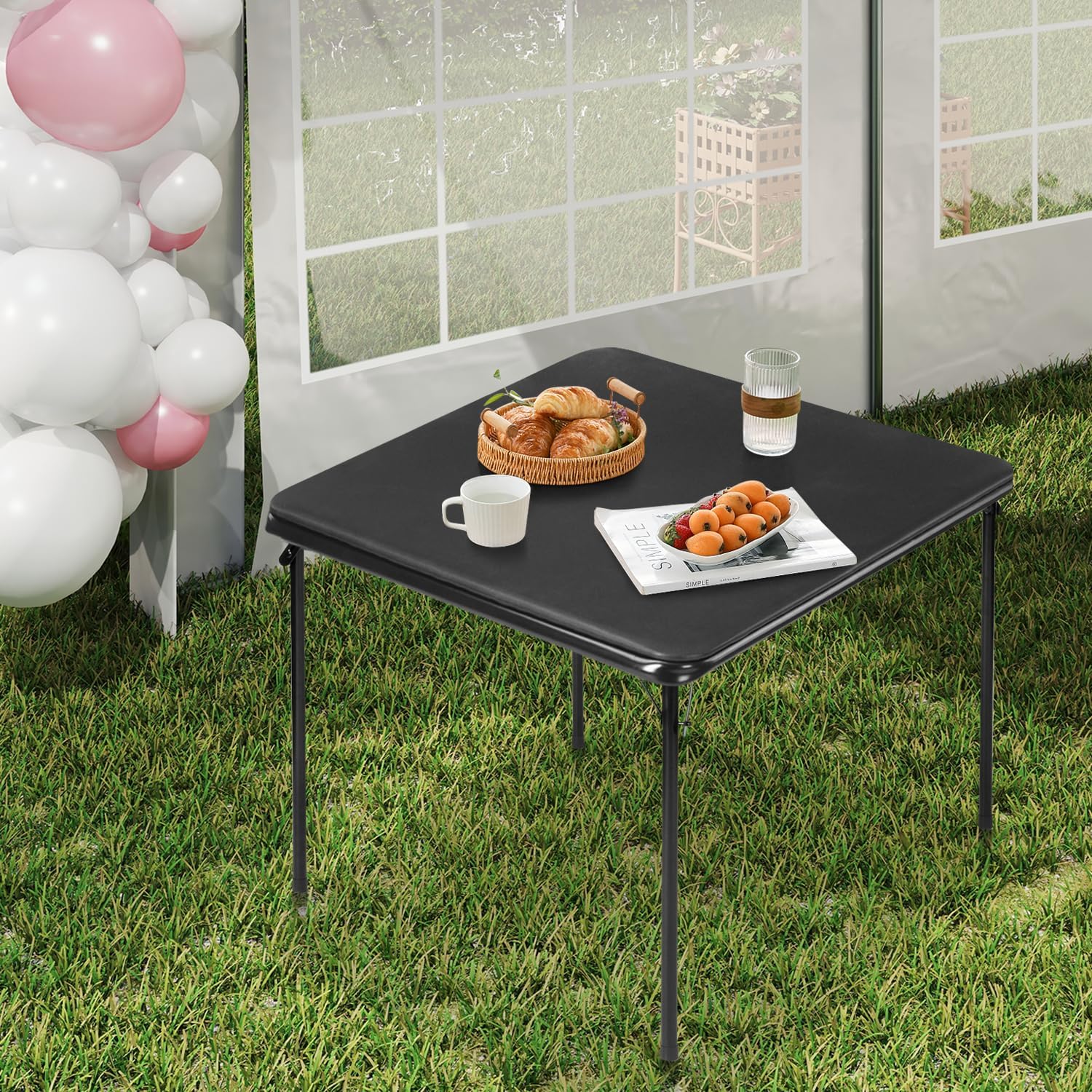 FurnitureR Square Folding Card Table 34 Inch, No Assembly Portable Table for Game Nights, Small Space Dining & Indoor Outdoor Use, PVC Top with Metal Frame, Black