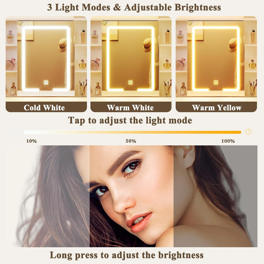 HUAHUU 37.4" Vanity Desk with Mirror and Lights, Makeup Vanity with LED Sliding Mirror, 3-Color Lights, USB/Type-C Charging, White Vanity Desk with Storage Cabinet, 2 Drawers & 6 Shelves for Bedroom