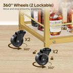 YATINEY Bar Cart, 3-Tier Home Bar Serving Cart with Wheels, Drink Cart with Glass Holder, Beverage Cart, Rolling Kitchen Cart, for Home, Living Room, Transparent and Gold BC03GD