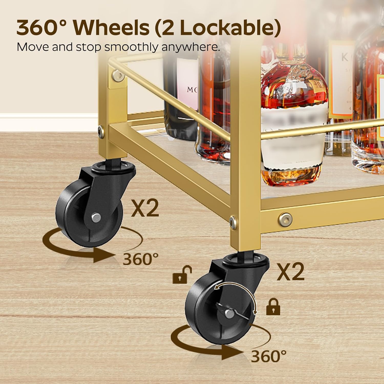 YATINEY Bar Cart, 3-Tier Home Bar Serving Cart with Wheels, Drink Cart with Glass Holder, Beverage Cart, Rolling Kitchen Cart, for Home, Living Room, Transparent and Gold BC03GD
