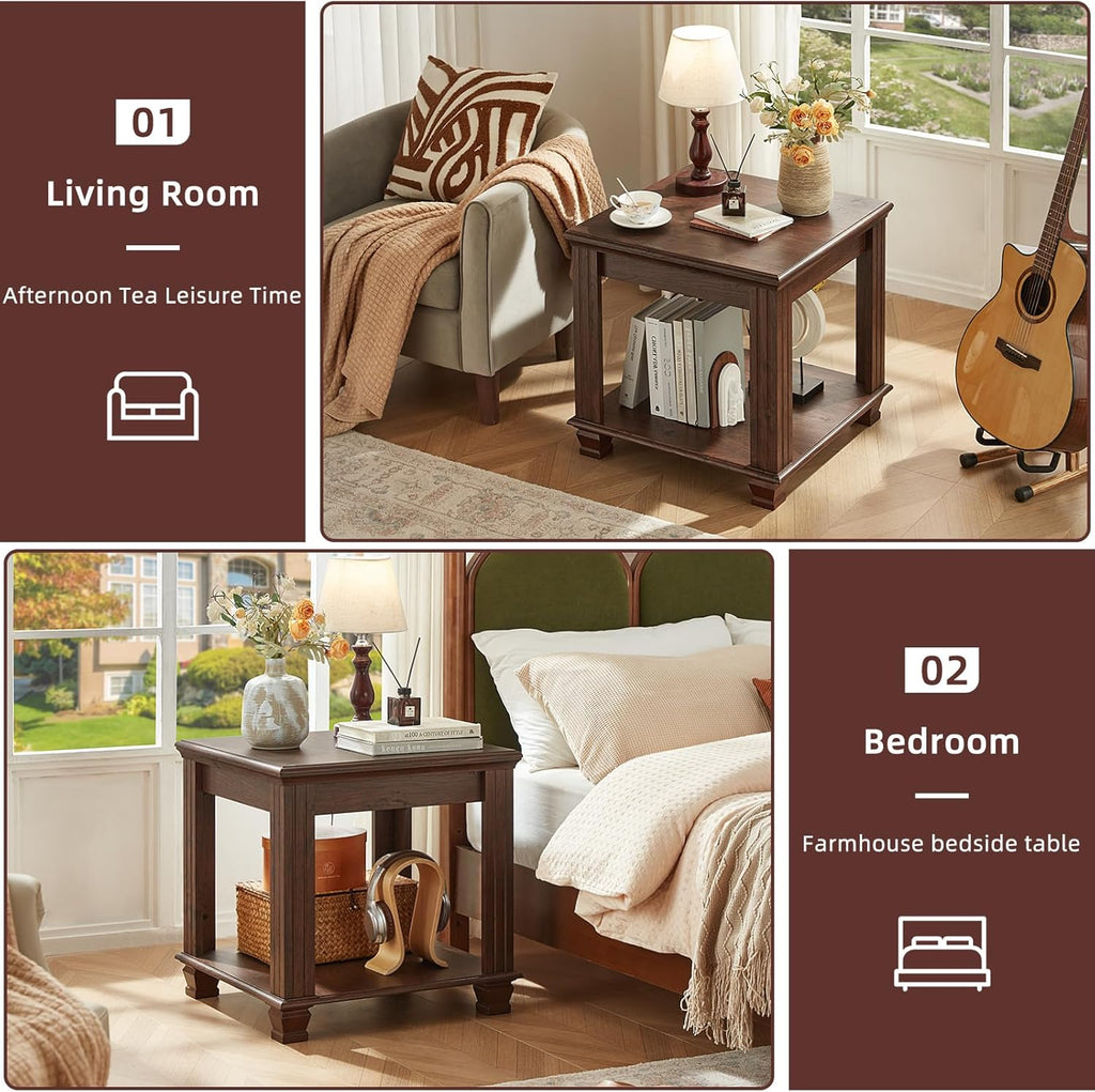 SAVOR LIFE Farmhouse End Table,Large Side Table with 2-Tier Storage Shelf,Rustic Brown End Tables for Living Room,Square Tea Table,Walnut
