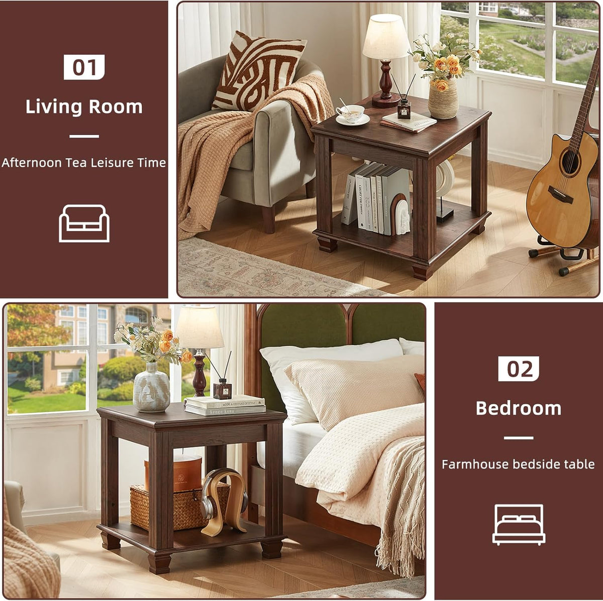 SAVOR LIFE Farmhouse End Table,Large Side Table with 2-Tier Storage Shelf,Rustic Brown End Tables for Living Room,Square Tea Table,Walnut