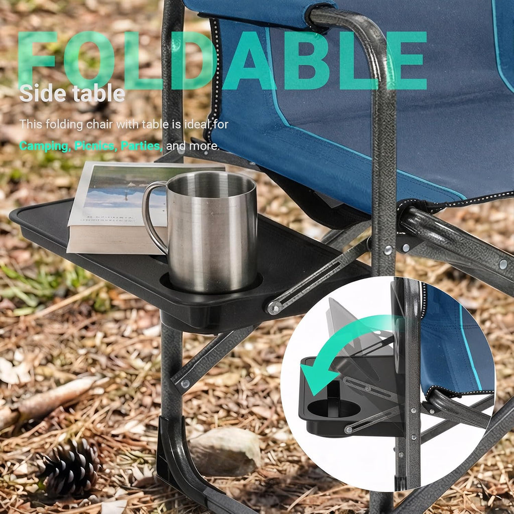 Overmont Folding Camping Chair with Side Table, Cooler Bag, 400 lb Capacity | Oversized Directors Chair for Lawn, Beach, Picnics and Fishing, 600D Oxford, 11.8 lb, Shoulder Strap and Storage Pockets