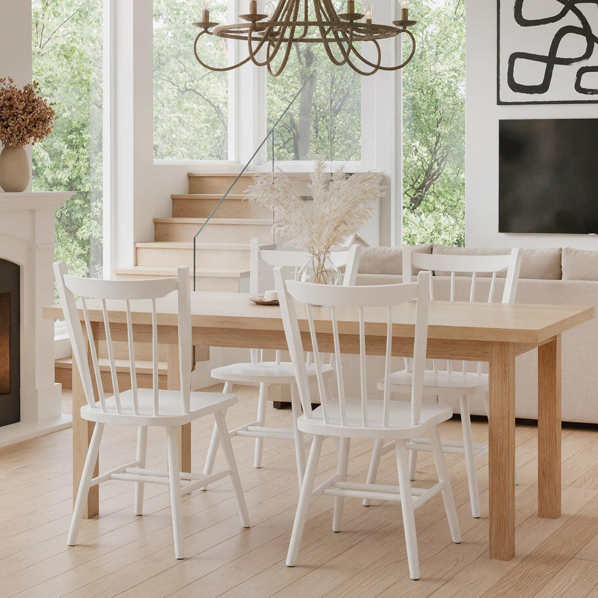 HNY White Windsor Dining Chairs Set of 2, Farmhouse Wooden Kitchen Chairs with Spindle Back, Mid Century Modern Armless Kitchen Side Chair for Dining Living Room Restaurant