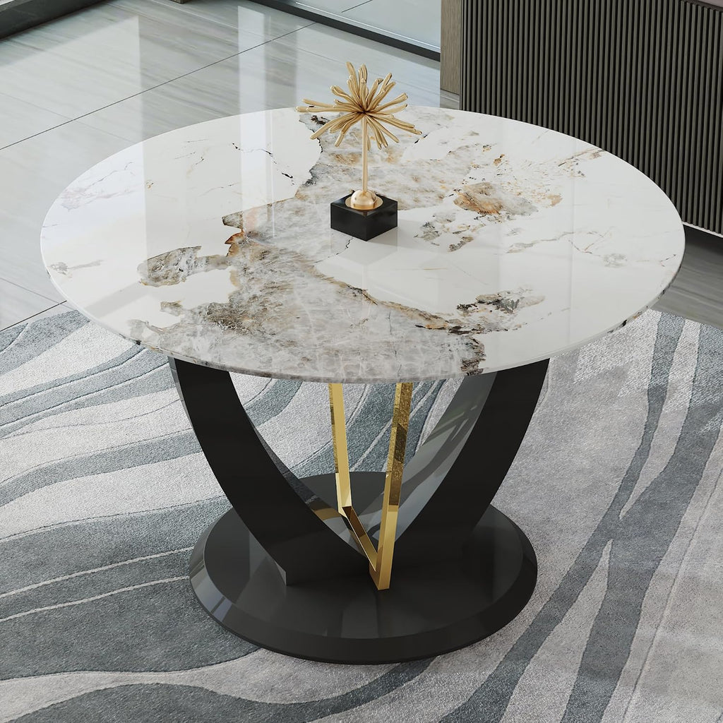 48 Inch Round Dining Table for 4-6, Modern Circle Dining Table with Black & Gold Metal Pedestal Base, Faux Marble Round Kitchen Table, 300 LBS Capacity