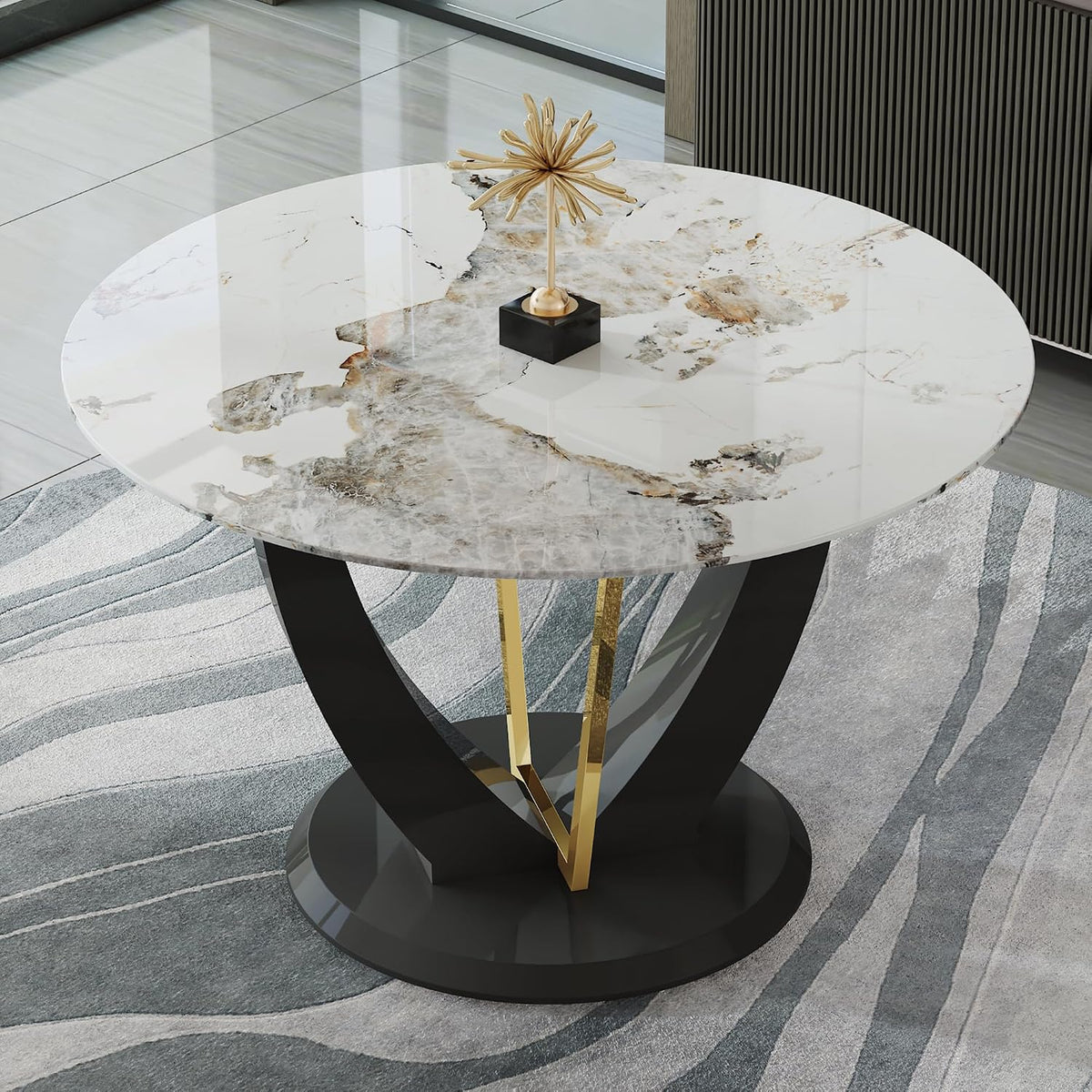48 Inch Round Dining Table for 4-6, Modern Circle Dining Table with Black & Gold Metal Pedestal Base, Faux Marble Round Kitchen Table, 300 LBS Capacity
