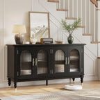 iPormis Fluted Arched Buffet Cabinet with Storage, 59" Modern Sideboard with Glass Door & Adjustable Shelves, Mid Century Modern Solid Wood Credenza Accent Cabinet for Living Room, Entryway, Black