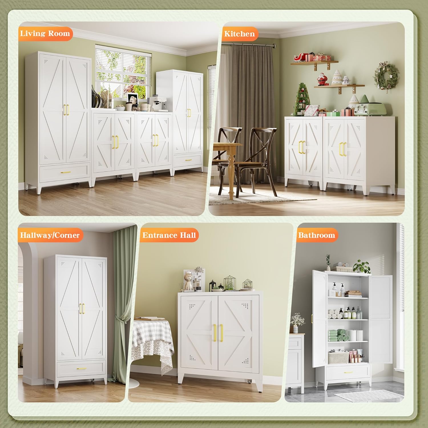 Short Storage Cabinet with 2 Doors and Adjustable Shelves, Metal Pantry Cabinets, Coffee Bar Cabinet, Kitchen Sideboard Cabinet, Small Floor Cabinet for Dining Room, Bathroom, Home Office