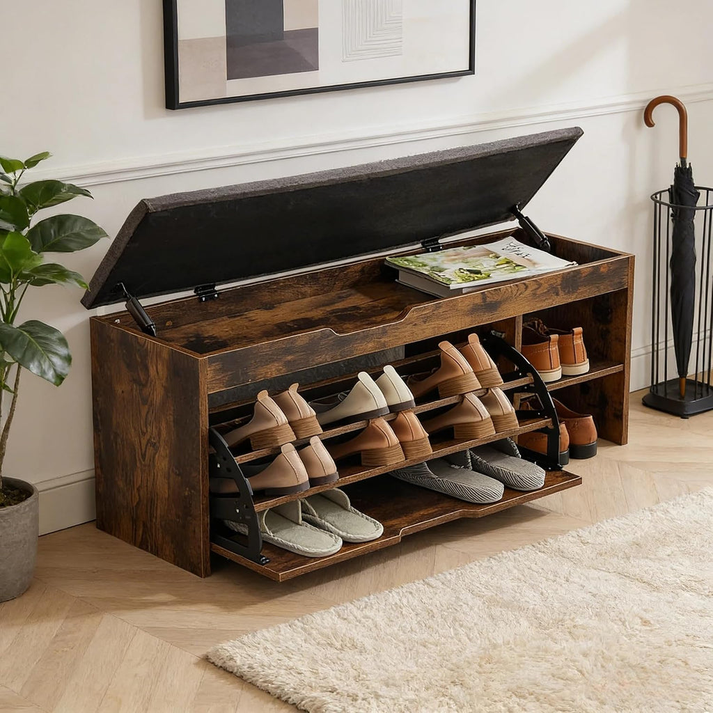 Shoe Storage Bench with a Flip Drawer, Entryway Bench with Removable Cushion, Hallway & Mudroom Organizer with Seat, Front Door Shoe Rack Cabinet, Brown