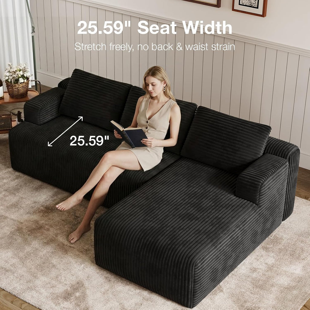 Novilla L-Shape Sectional Couches for Living Room with Smarts Coil® Support, 3 Seater Sectional Sofas for Living Room Bedroom, Corduroy Cloud Couch Sectional, No Assembly(Black, Right Hand Facing)