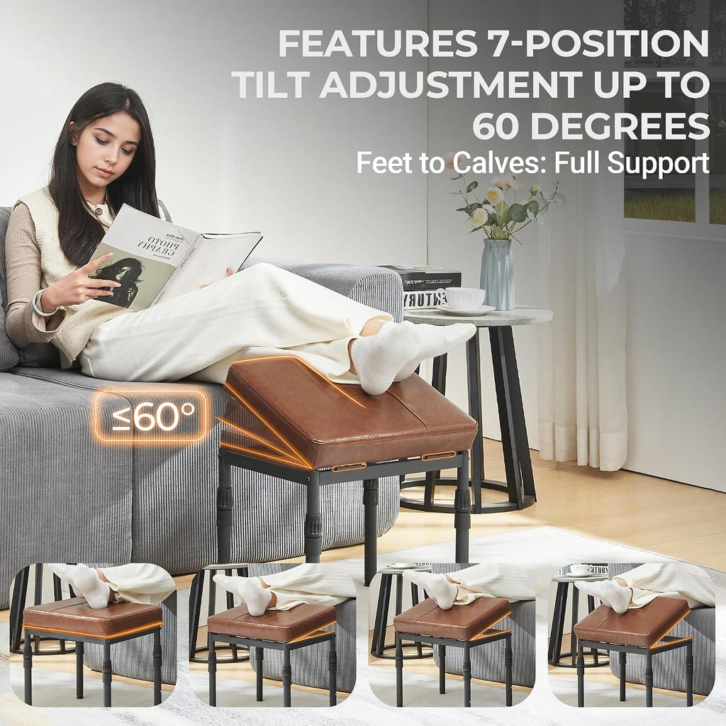 TIOPGHAD Adjustable Ottoman Pouf, 60 Degree Tilt, Brown Synthetic Leather | 4-Height Footrest, 28 Positions, Iron frame, Foam Cushion, 15.74 x 11.81 x 13.34 in, Under Desk, Living room, Home Office"