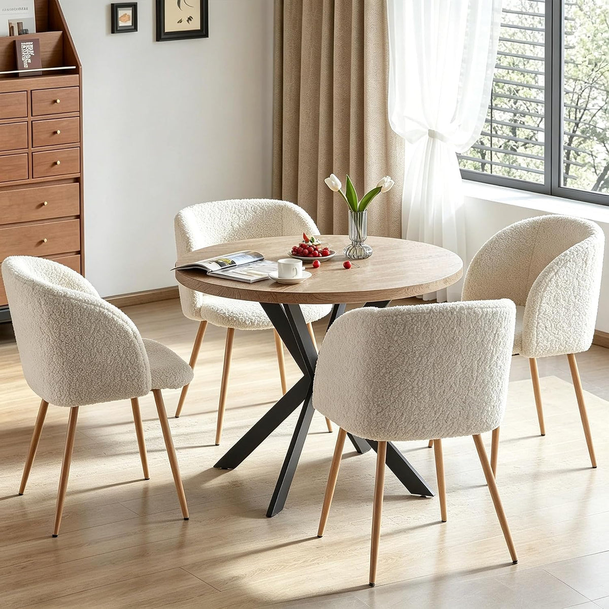 Homedot 5 Pieces Dining Table Set for 4, Modern Mid Century Round Kitchen Dinner Table with Barrel Dining Chairs Set, 37-Inch Circle Breakfast Nook Table Set with Cozy Arm Chairs for Dining Room