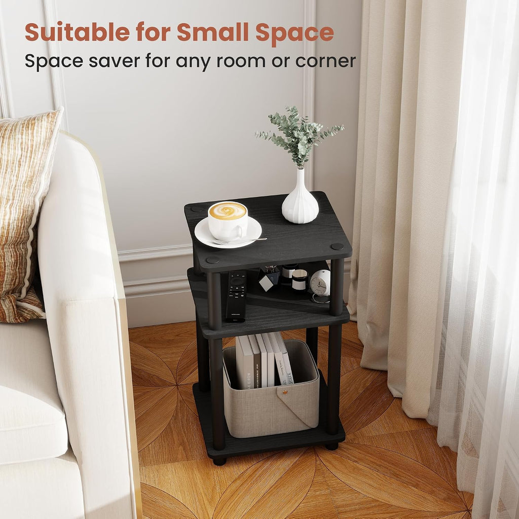 3-Tier Black End Tables Set of 2, Engineered Wood Small Side Tables with Storage Shelves, Small Nightstands for Bedroom, Living Room, Bathroom, Black