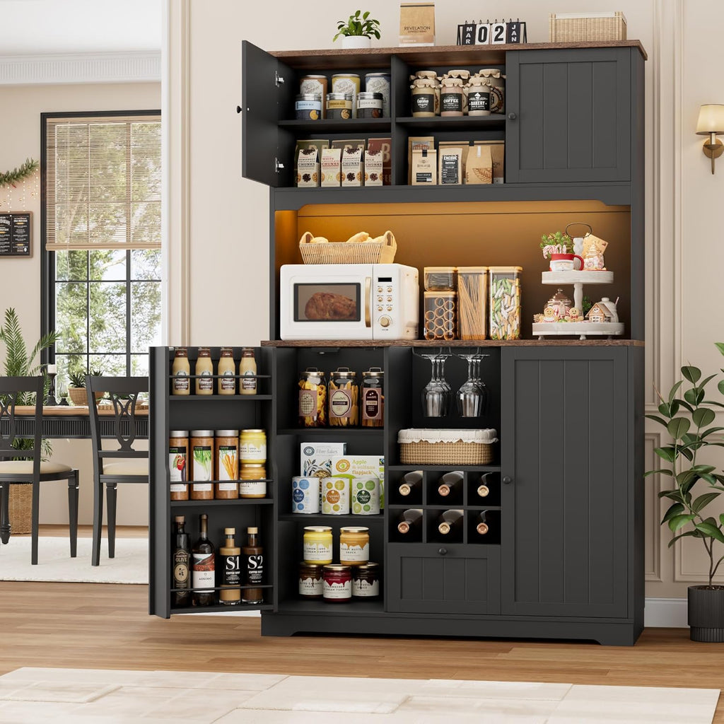 FINETONES 71" Kitchen Pantry Cabinet with LED Light and Charging Station | 71" Pantry Cabinet with Microwave Stand, Kitchen Hutch Food Storage Cabinet with Outlet and Wine Racks, Black