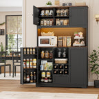 FINETONES 71" Kitchen Pantry Cabinet with LED Light and Charging Station | 71" Pantry Cabinet with Microwave Stand, Kitchen Hutch Food Storage Cabinet with Outlet and Wine Racks, Black