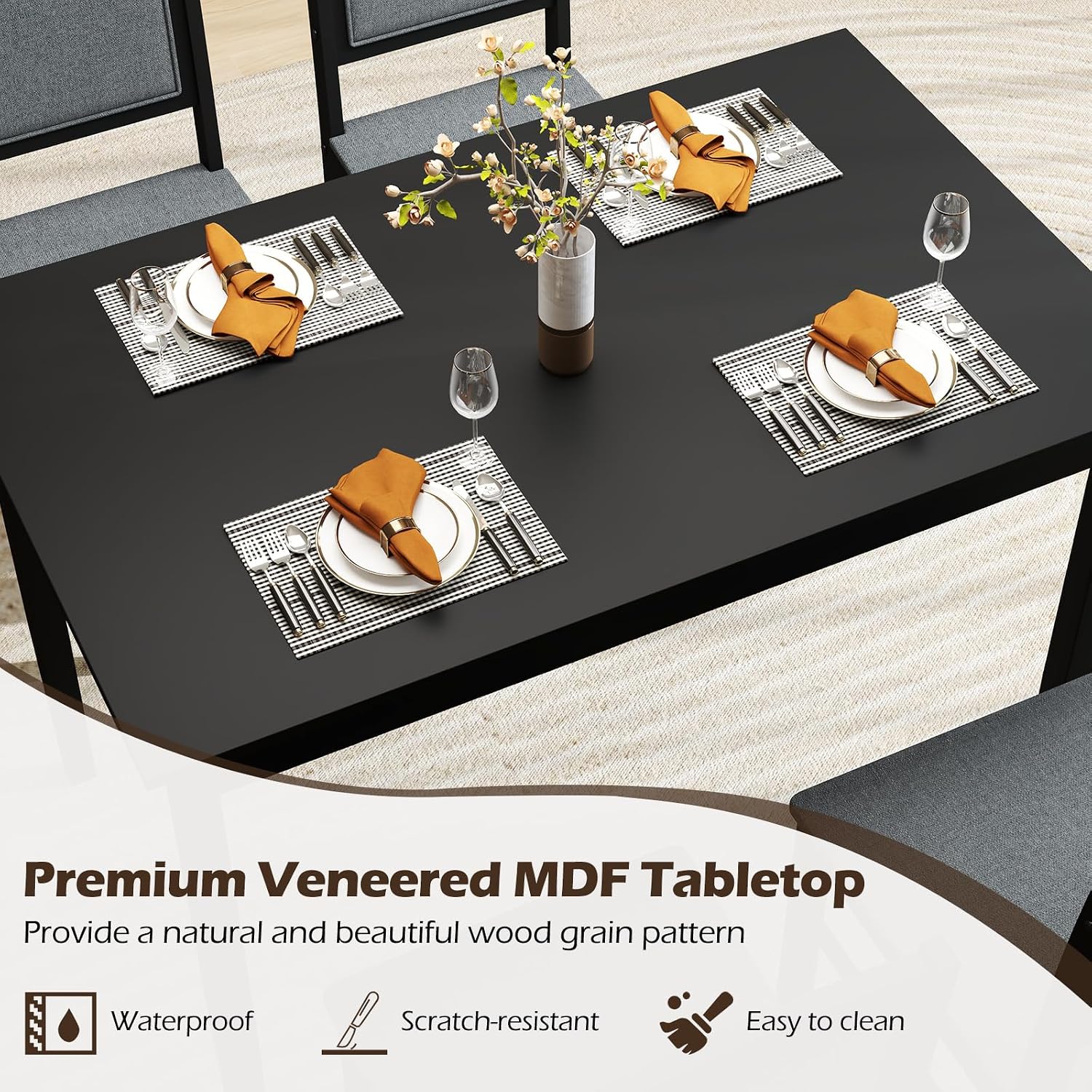 Giantex 5-Piece Dining Table Set for 4, Wooden Kitchen Table and Chairs with Solid Rubber Wood Legs, Padded Seat & Backrest, Space Saving Dinette Set for Home Dining Living Room, Breakfast Nook