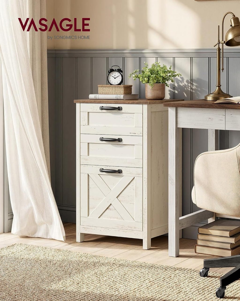 VASAGLE File Cabinet, 3-Drawer Filing Cabinet for Home Office | Modern Farmhouse, for A4 Letter Files, Printer Stand, Study Bedroom, Rustic White and Honey Brown UOFC087WJ02S