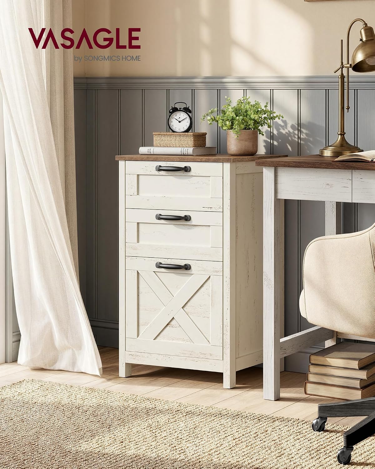VASAGLE File Cabinet, 3-Drawer Filing Cabinet for Home Office | Modern Farmhouse, for A4 Letter Files, Printer Stand, Study Bedroom, Rustic White and Honey Brown UOFC087WJ02S