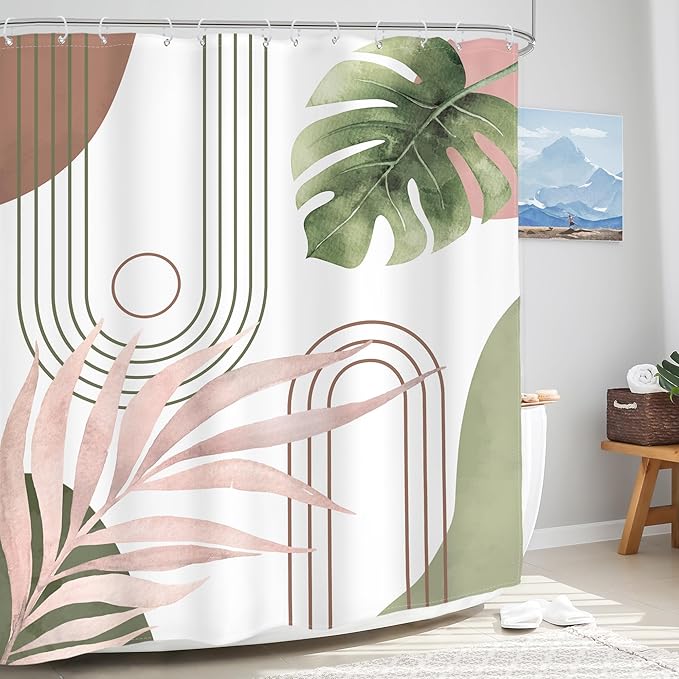 Glawry Abstract Tropical Shower Curtain Extra Long Chic Boho Plant Palm Leaf Watercolor Pink Green Simple Minimalist Bathroom Modern 72Wx84L Inches Bath Accessories Art Home Decor Fabric 12 Pack Hooks