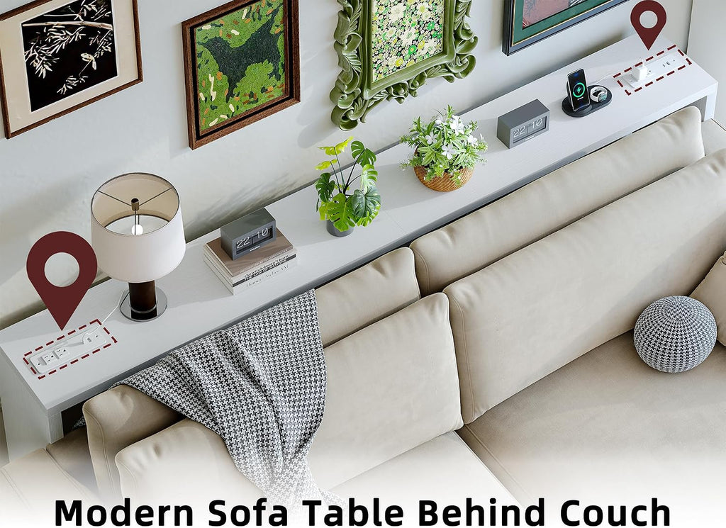 TIQLAB Sofa Table, 79''L x 9.1''W (1.2'' Thickness) Long Console Table Behind Couch, Entryway Table with Angled Metal Frame, Industrial Console Table, White