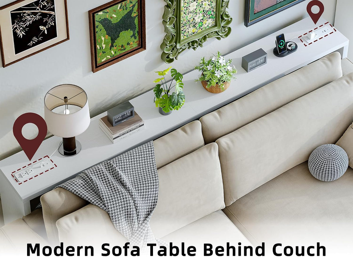 TIQLAB Sofa Table, 79''L x 9.1''W (1.2'' Thickness) Long Console Table Behind Couch, Entryway Table with Angled Metal Frame, Industrial Console Table, White