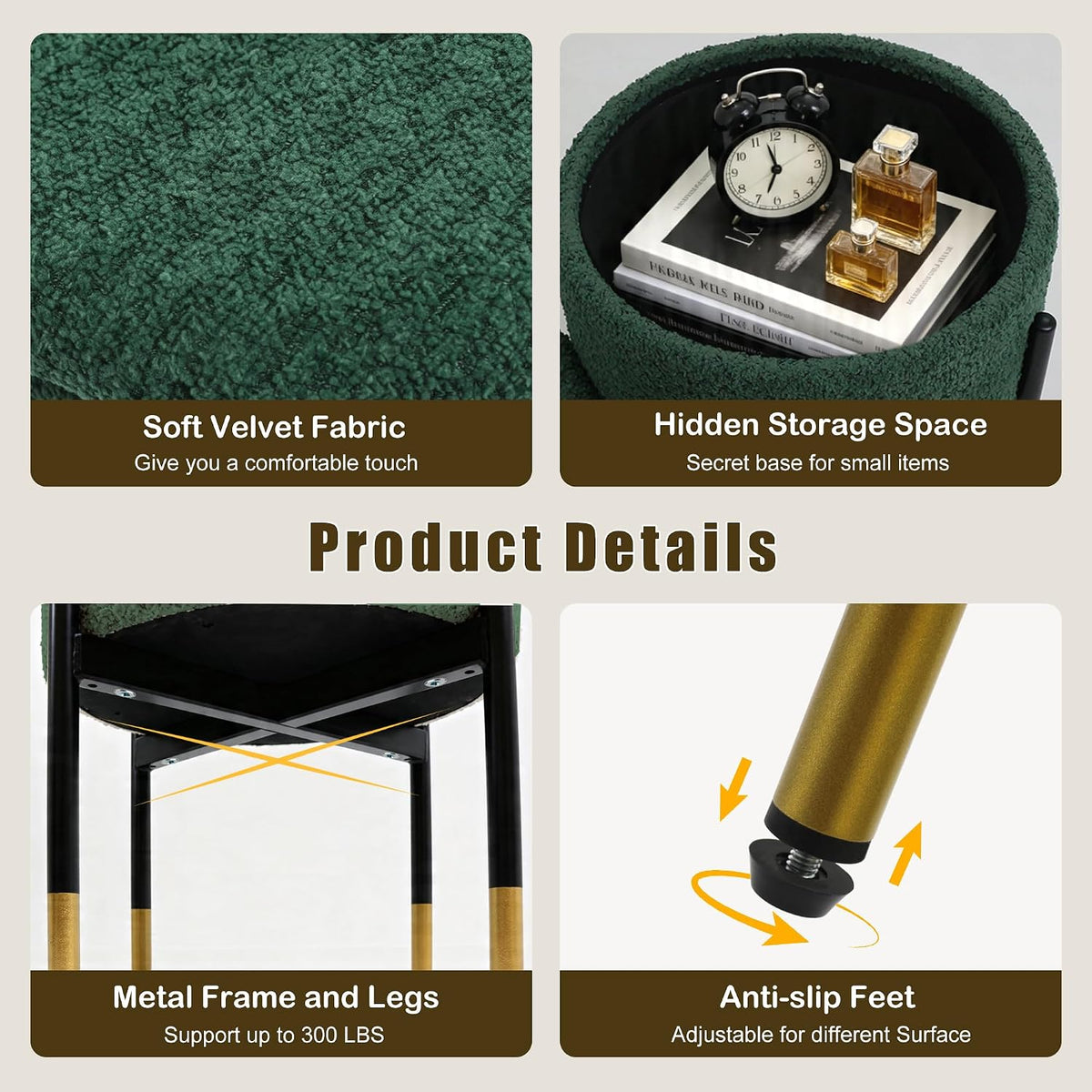 Round Ottoman with Storage,Soft Velvet Vanity Stool,Ottoman Coffee Table with Metal Legs,Foot Stool for Living Room Bedroom, Green
