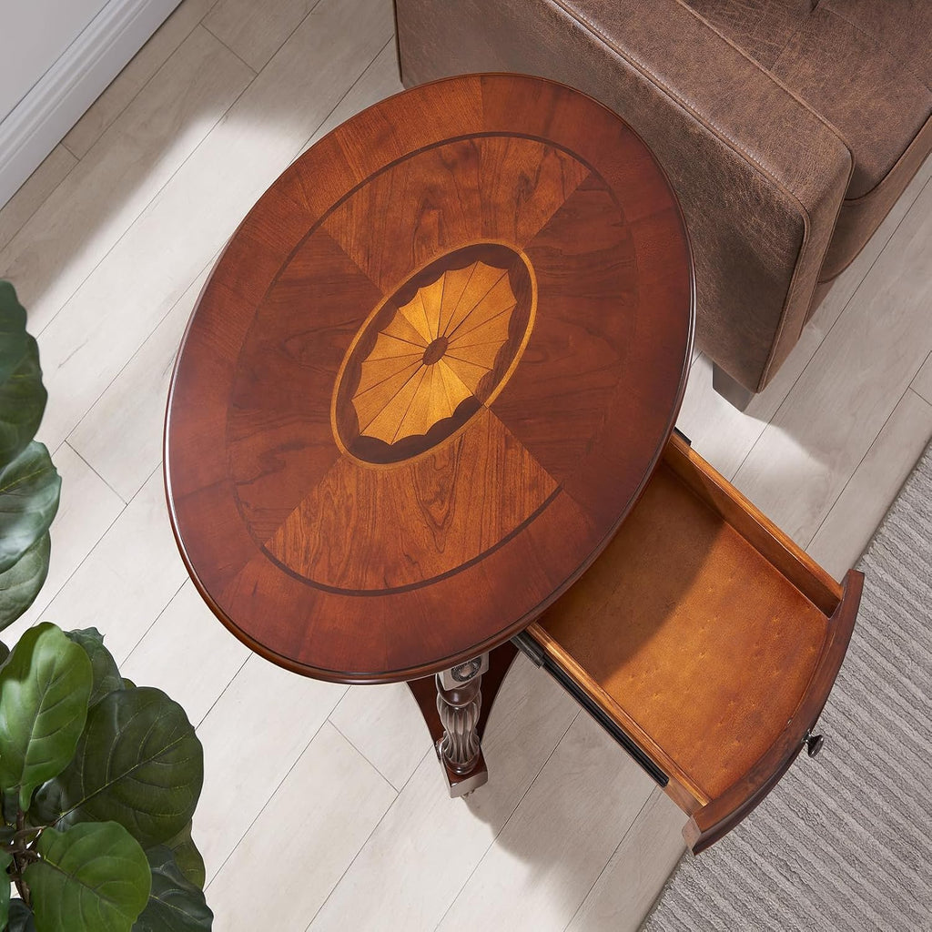 Solid Wood Oval End Table with Drawer, 28"x24" Sofa Side Table with Patterned Top and Vintage Carved Edge, Cherry Walnut Finish for Living Room or Bedroom