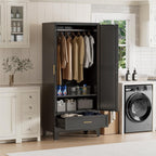 Black Metal Wardrobe Closet, Steel Armoire Wardrobe with Drawer Clothes Cabinet for Bedroom, 71" Tall Farmhouse Armoire Closet with Drawer, Shelf and 2 Doors Clothing Storage Cabinet with Hanging Rod