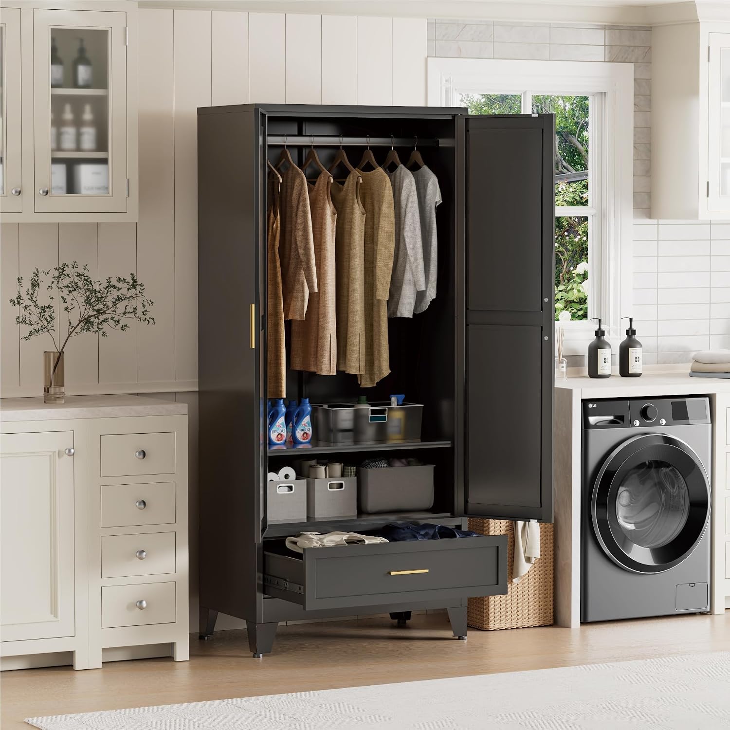 Black Metal Wardrobe Closet, Steel Armoire Wardrobe with Drawer Clothes Cabinet for Bedroom, 71" Tall Farmhouse Armoire Closet with Drawer, Shelf and 2 Doors Clothing Storage Cabinet with Hanging Rod