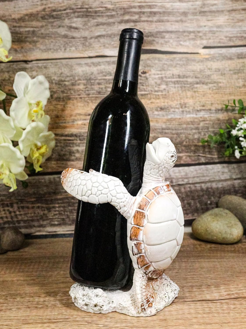 Ebros Gift Nautical Coastal Dancing Antique White Sea Turtle Wine Bottle Holder Caddy Figurine 7.5" High Home Kitchen Decorative Storage Organizer Turtles Terrapins Tortoises Decor