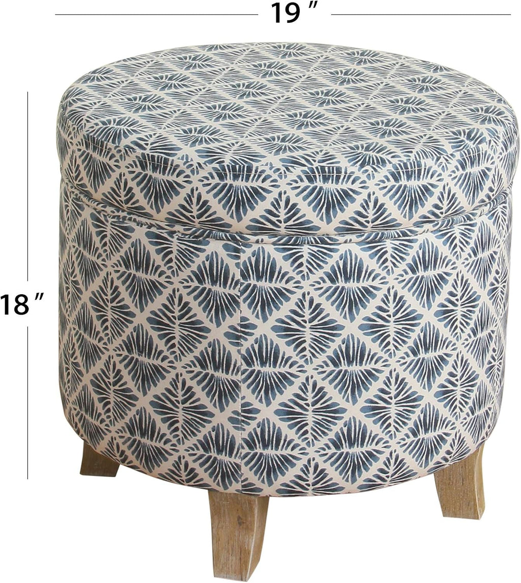 Homepop Home Decor | Upholstered Round Storage Ottoman | Ottoman with Storage for Living Room & Bedroom with Flared Legs, Navy Blue Geometric Pattern Large
