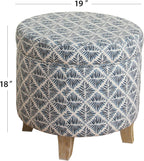 Homepop Home Decor | Upholstered Round Storage Ottoman | Ottoman with Storage for Living Room & Bedroom with Flared Legs, Navy Blue Geometric Pattern Large