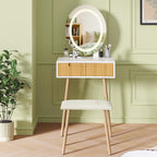 Small Vanity Desk with Mirror and Lights, Wooden Handles with Cushioned Stool, 3 Lighting Modes Round Makeup Table with Upgraded Silent Slides, Compact Vanity for Small Spaces, Natural Oak