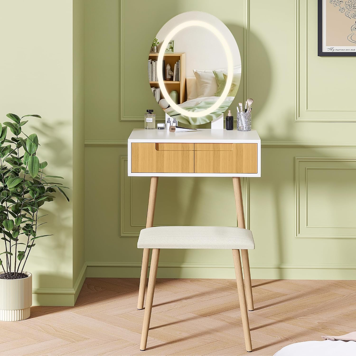 Small Vanity Desk with Mirror and Lights, Wooden Handles with Cushioned Stool, 3 Lighting Modes Round Makeup Table with Upgraded Silent Slides, Compact Vanity for Small Spaces, Natural Oak