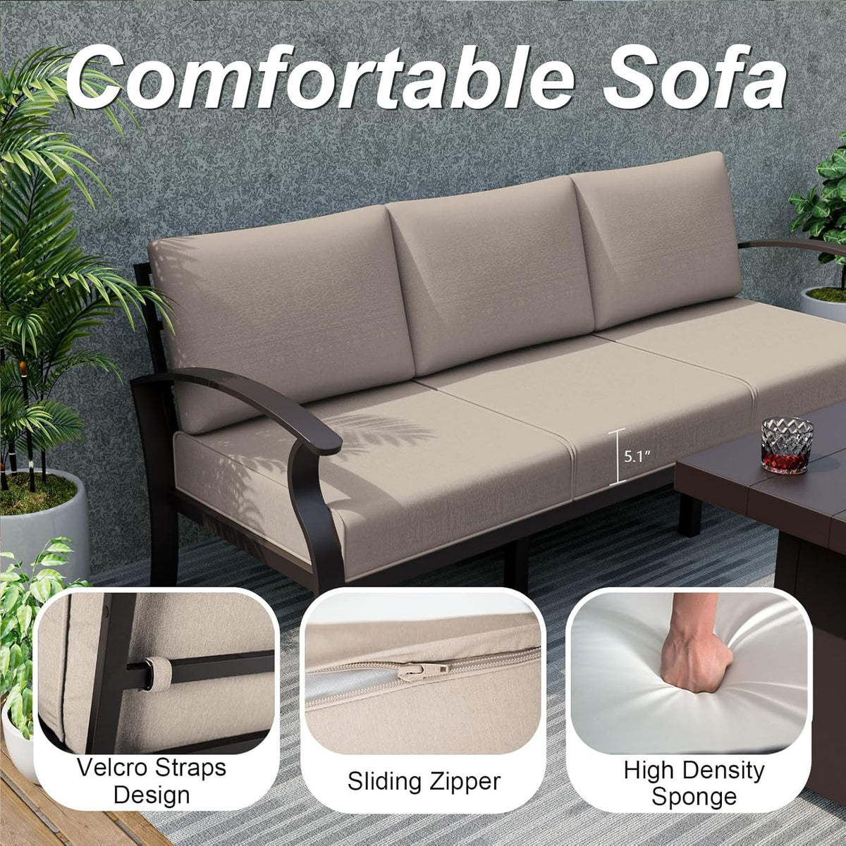 ALAULM Aluminum 3-Seat Patio Furniture Set, Metal Outdoor Furniture Sectional Sofas w/5.1" Cushions for Patio, Backyard, Poolside-Sand